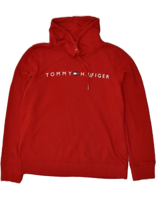 TOMMY HILFIGER Womens Graphic Sweatshirt Jumper UK 14 Medium Red Cotton Hoodie with Camouflage Military Edgy