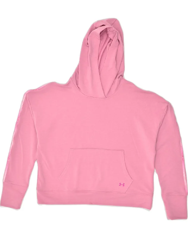 UNDER ARMOUR Womens Oversized Hoodie Jumper UK 16 Large Pink Polyester Hoodie with Strings Custom Fit Adjustable