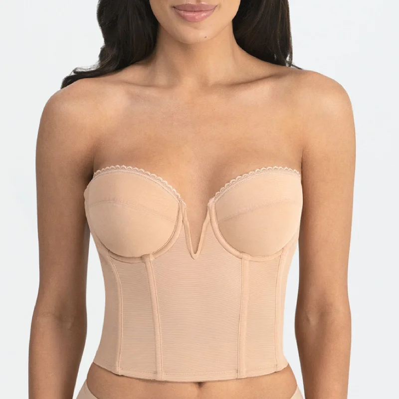 Valerie Bustier Deep Plunge V-Wire Backless Strapless Bridal Bra In Mocha - Dominique Lace Back Bra