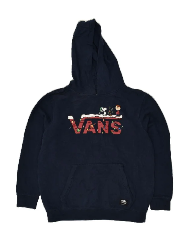 VANS Womens Graphic Hoodie Jumper UK 16 Large Navy Blue Cotton Hoodie with Sequins Glamorous Eye-catching