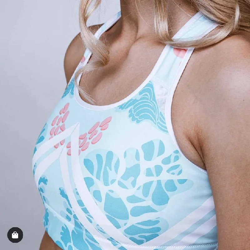 Floral Swan Sporty Fitness Bra, Light Blue Women's Padded Gym Sports Bra- Made in USA/ EU Push-Up Wireless Bra