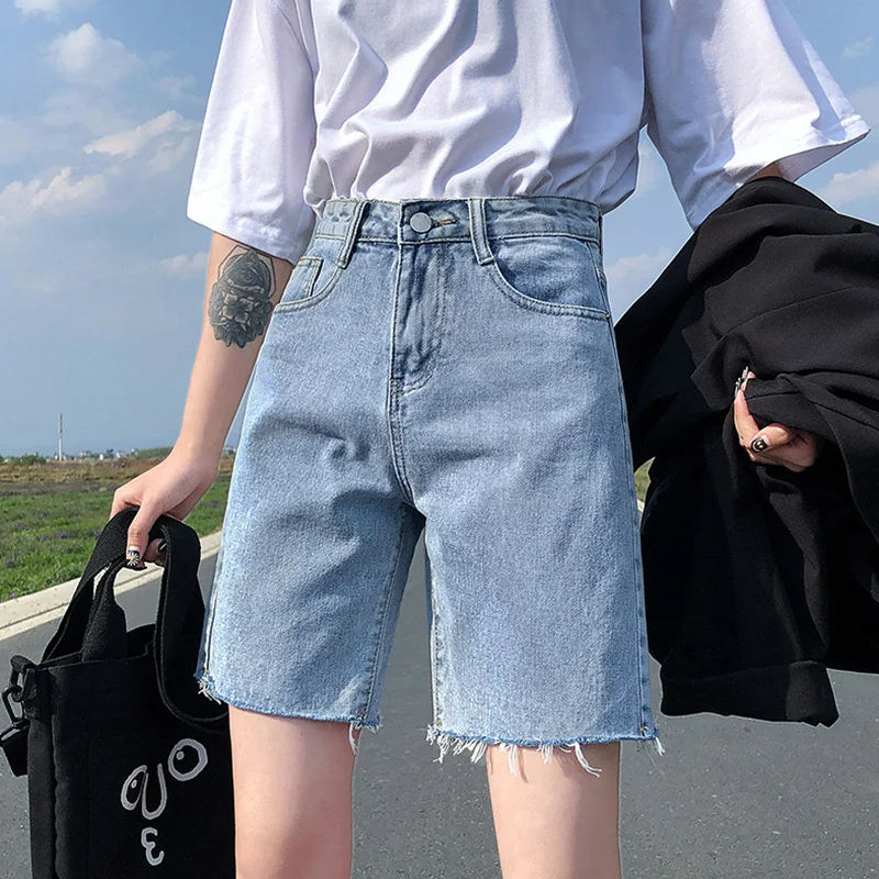 Women Loose Retro Raw Edge Straight Jean Wide Leg Denim Shorts Chic Double Waistband Jeans