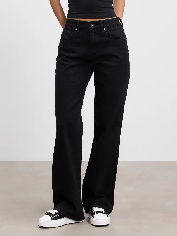 Womens Mid Rise Straight Denim Jean in Black Trendy Button-Up High-Waist Jeans