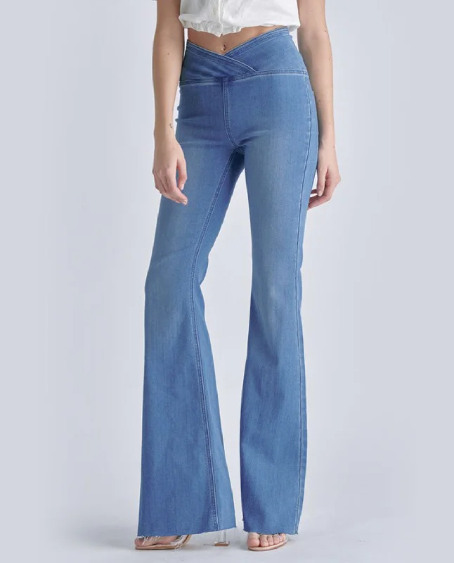Cello High Rise Flare Jean with Criss Cross Wide Waistband Detail Stylish Bootcut Denim Jeans