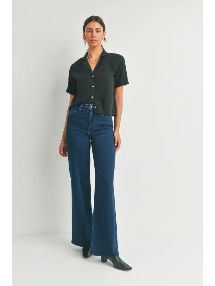 Delaney Wide Leg Palazzo Jean in Dark Denim Fashionable Raw Hemmed Jeans