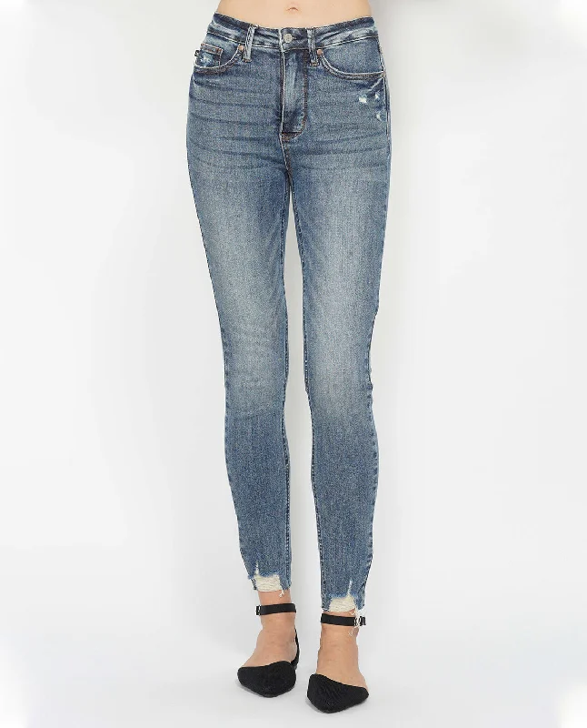 Judy Blue High Waist Tummy Control Destroy Hem Skinny Jean Casual Light Wash Jeans