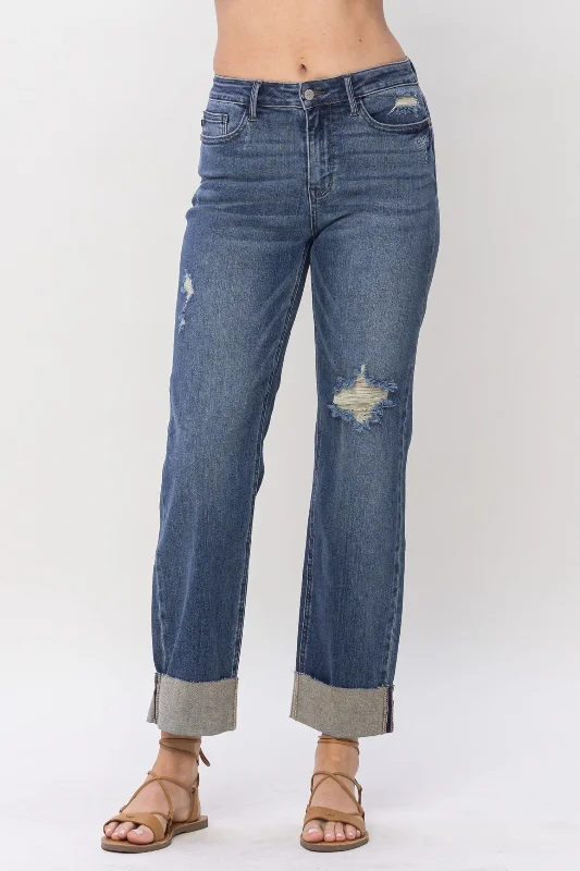 Judy Blue Mid Rise & Single Cuff Dad Jean Straight Denim 88580 Fashionable Cropped Denim Jeans