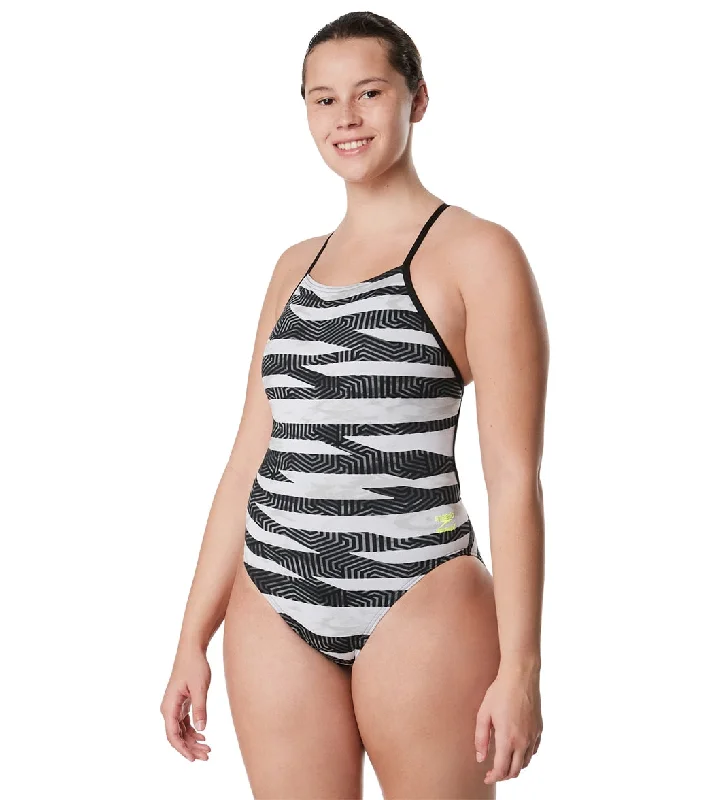 Speedo Women's Contort Stripes Crossback One Piece Swimsuit Anthracite Classic Swimsuit Design