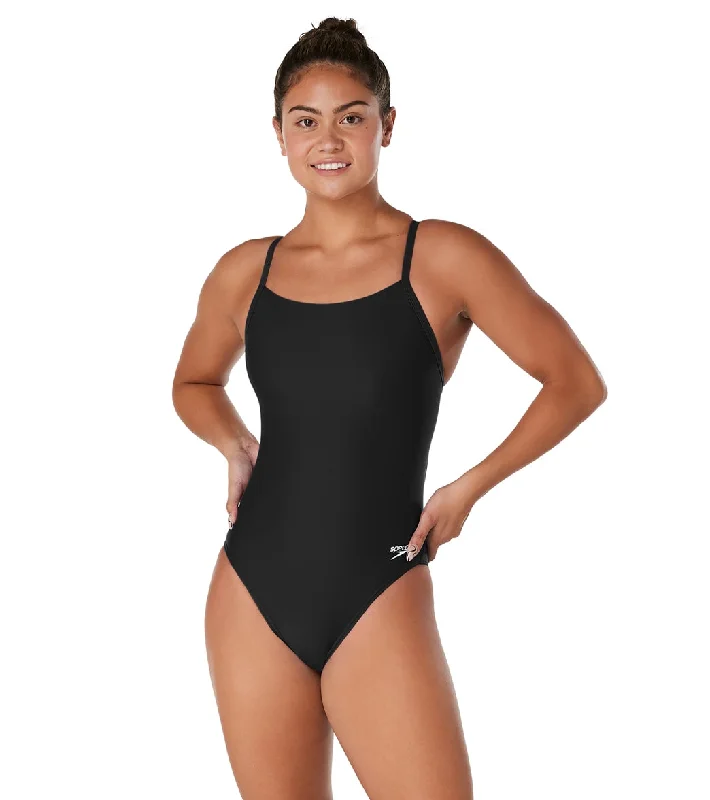 Speedo Women's Eco Solid Flyback One Piece Swimsuit Team Black Stylish Beachwear Set