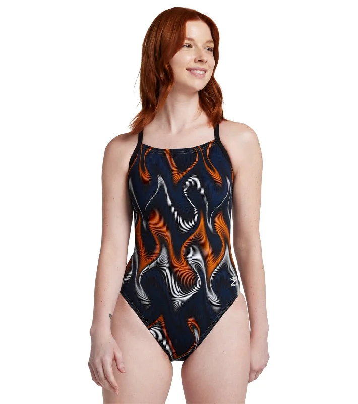 Speedo Women's Purpose Flyback One Piece Swimsuit Team Navy/Orange Vibrant Bikini Design