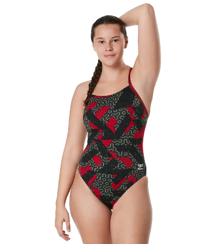 Speedo Women's Ruse Blocks Flyback One Piece Swimsuit Speedo Maroon Mesh Panel Swimwear