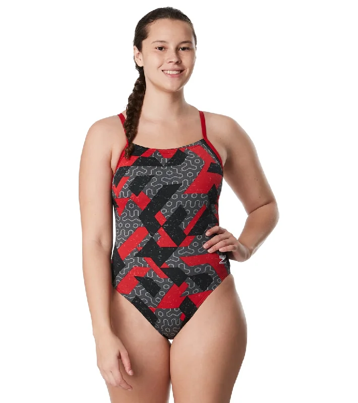 Speedo Women's Ruse Blocks Flyback One Piece Swimsuit Speedo Red Shiny One-Piece Swimsuit