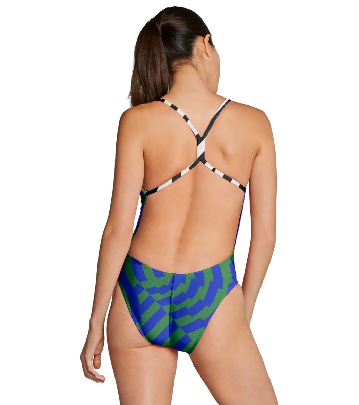 Speedo Women's Vortex Maze One Back One Piece Swimsuit Blue/Green Sexy Cutout Swimsuit