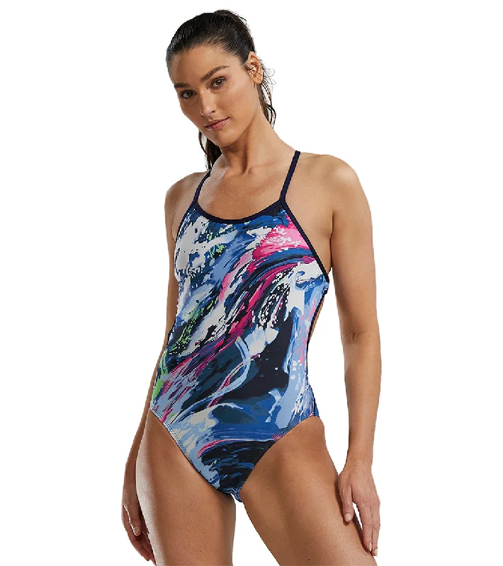 TYR Women's Transient Crosscutfit Tieback One Piece Swimsuit Navy/ Multi Bold Swimsuit Design