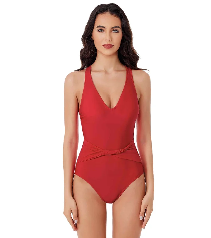 BCA by Rebecca Virtue Women's Twist Waist Belt One Piece Swimsuit Red Sexy Cutout Swimsuit