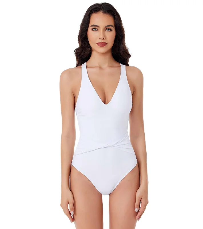 BCA by Rebecca Virtue Women's Twist Waist Belt One Piece Swimsuit White Adjustable Swim Top