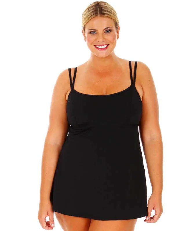 Capriosca Chlorine Resistant Swim Dress - Black Plunge Neckline Swimsuit