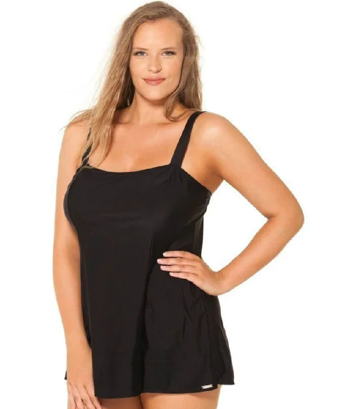 Capriosca Chlorine Resistant Panelled Wide Strap Swim Dress - Black Mesh Detail Bikini