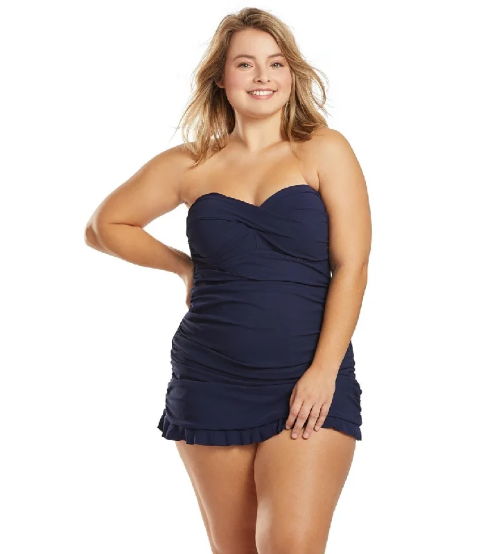 Profile by Gottex Plus Size Tutti Frutti Bandeau Swim Dress Navy Mesh Swimsuit Top