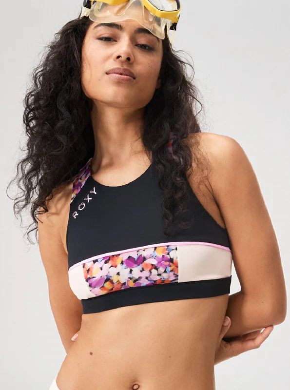 Roxy Active Crop Bikini Top - Anthracite Swim Blooms Ruffled Swimsuit Top