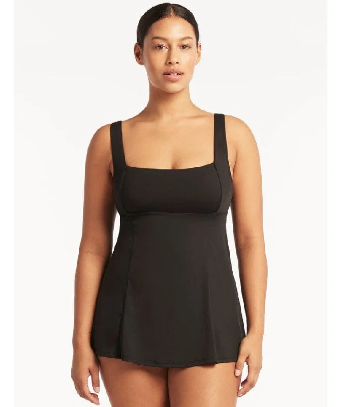 Sea Level Eco Essentials Square Neck Swim Dress - Black Ruched Swimwear Set