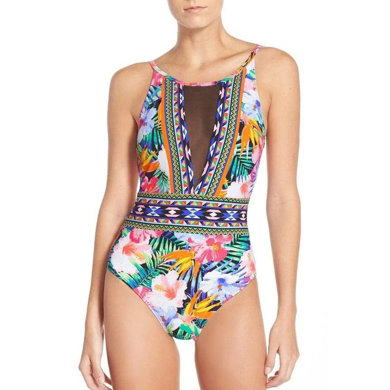 Sexy Mesh One Piece Swimsuit High Cut Swimwear Women Floral Bathing Suit Patchwork Bikini Sporty Swim Shorts