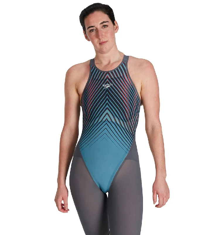 Speedo Women's Fastskin LZR Pure Valor Open Back Kneeskin Tech Suit Swimsuit Grey/Blue Quick-Dry Tankini