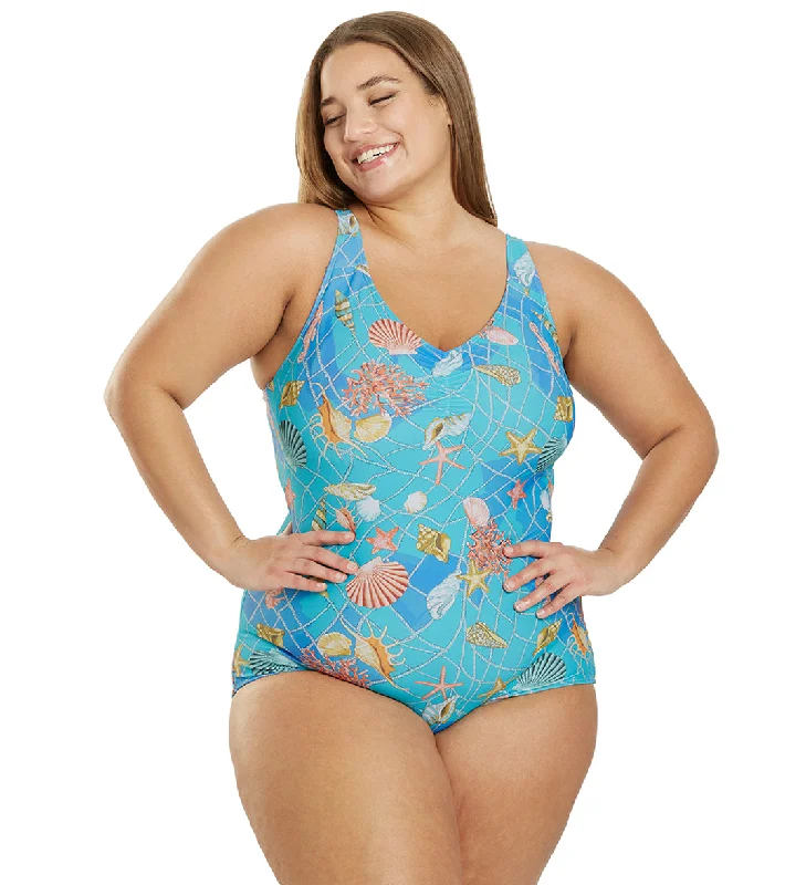 Sporti Plus Size Caribbean Sea Conservative Printed Girl Leg One Piece Swimsuit Caribbean Sea Sleek Mesh Bikini