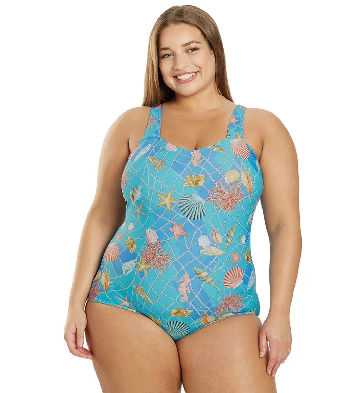 Sporti Plus Size Caribbean Sea Moderate Printed Sweetheart One Piece Swimsuit Caribbean Sea Lace-Detail Bikini Set