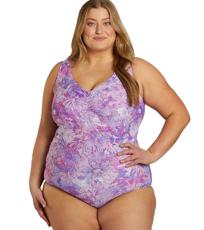 Sporti Plus Size Jungle Floral Conservative Printed Girl Leg One Piece Swimsuit Violet Crisscross Back Swimsuit