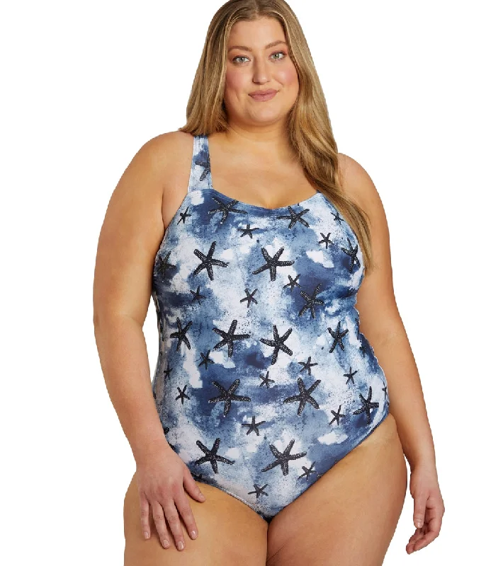 Sporti Plus Size Sanibel Island Moderate Printed Sweetheart One Piece Swimsuit Sanibel Island Swim Dress with Belt