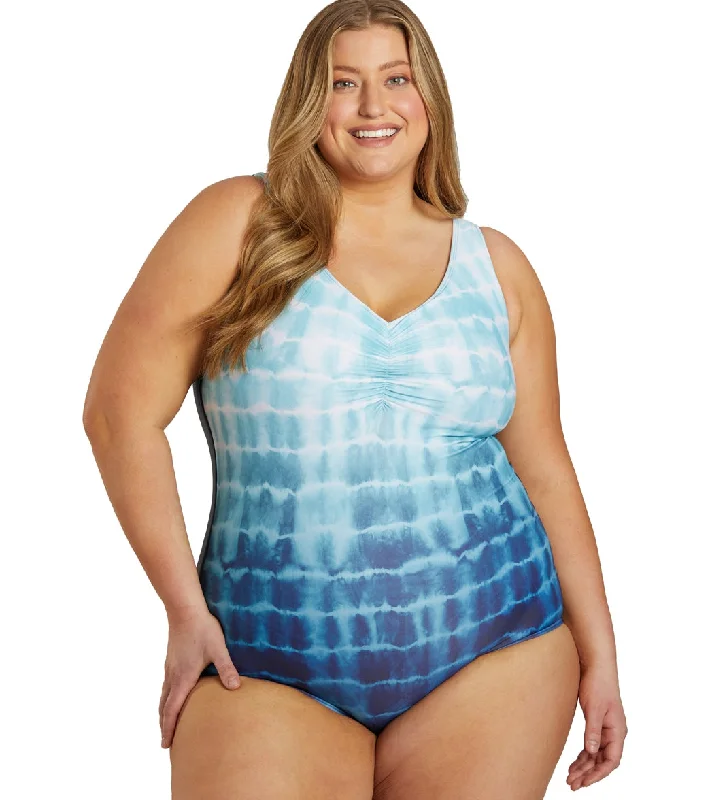 Sporti Plus Size Shibori Conservative Printed Ombre Girl Leg One Piece Swimsuit Sea Foam Vintage Swimwear Look