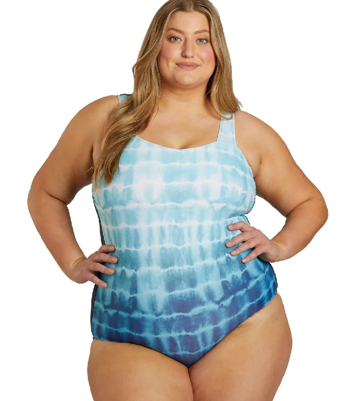 Sporti Plus Size Shibori Moderate Printed Ombre Sweetheart One Piece Swimsuit Sea Foam Halter Neck Swimsuit