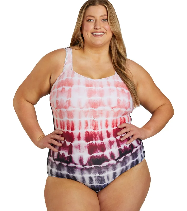 Sporti Plus Size Shibori Moderate Printed Ombre Sweetheart One Piece Swimsuit Watermelon High-Waisted Swim Bottoms