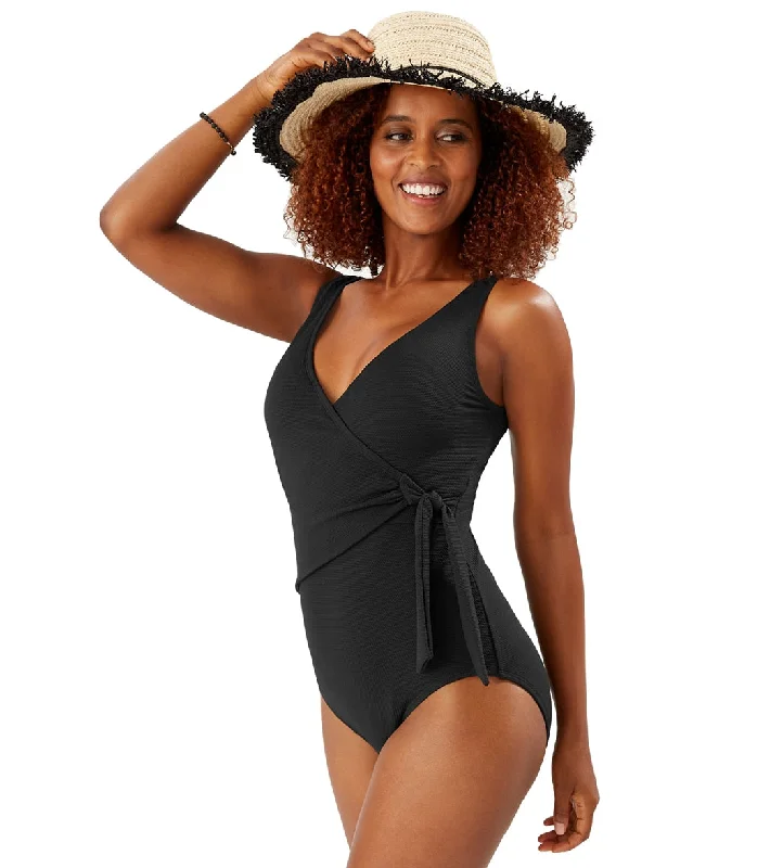 Tommy Bahama Women's Pique Colada Wrap One Piece Swimsuit Timeless Black Bikini