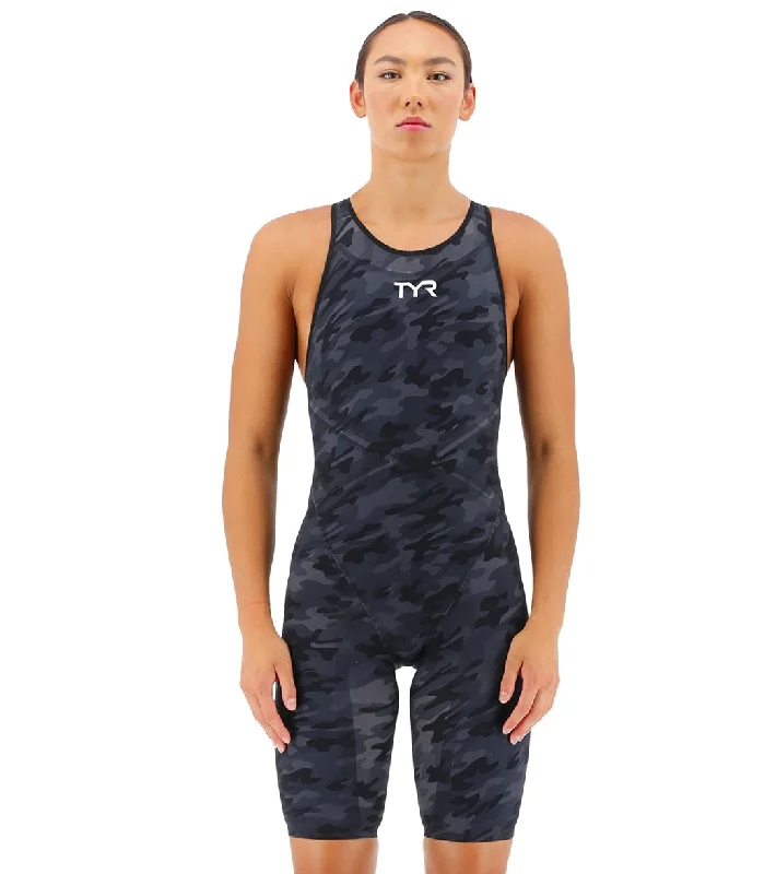 TYR Women's Venzo Camo Closed Back Tech Suit Swimsuit Black Camo Ruffled Swimsuit Top