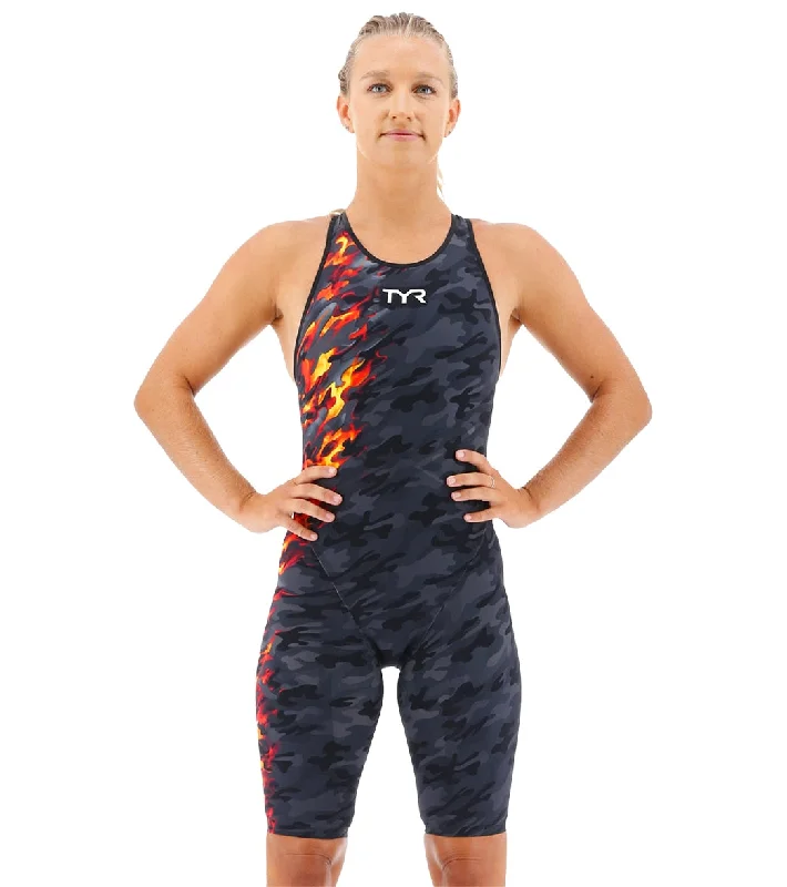 TYR Women's Venzo Camo Closed Back Tech Suit Swimsuit Fire Camo Vibrant Bikini Design