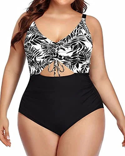 Tummy Control Plus Size Swimsuit Ruched Bottom-Black Leaves Solid Color Swimsuit