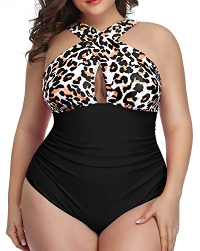 High Waisted Front Cross Swimsuit Slimming Effect-Black And Leopard Casual Swim Dress