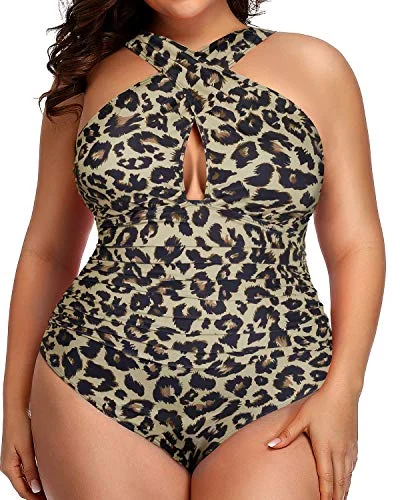 Stylish Front Cross One Piece Swimsuit For Beach Wear-Leopard High-Waisted Swimwear