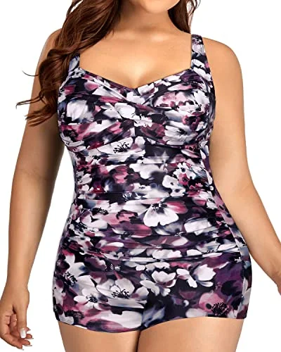 Modest Plus Size Boyshorts Swimsuits Front Twist Tummy Control-Purple Floral Crisscross Back Swimsuit