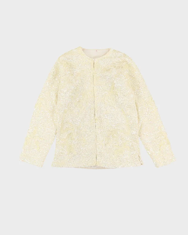 1980s Cream Sequined Cardigan Style Jacket - S Belted Jacket Elasticated Jacket Padded Jacket