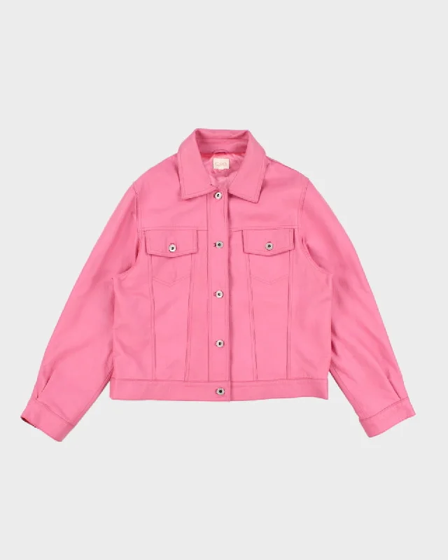 Cleo Pink Leather Jacket - L Front Pockets Side Pockets Patch Pockets