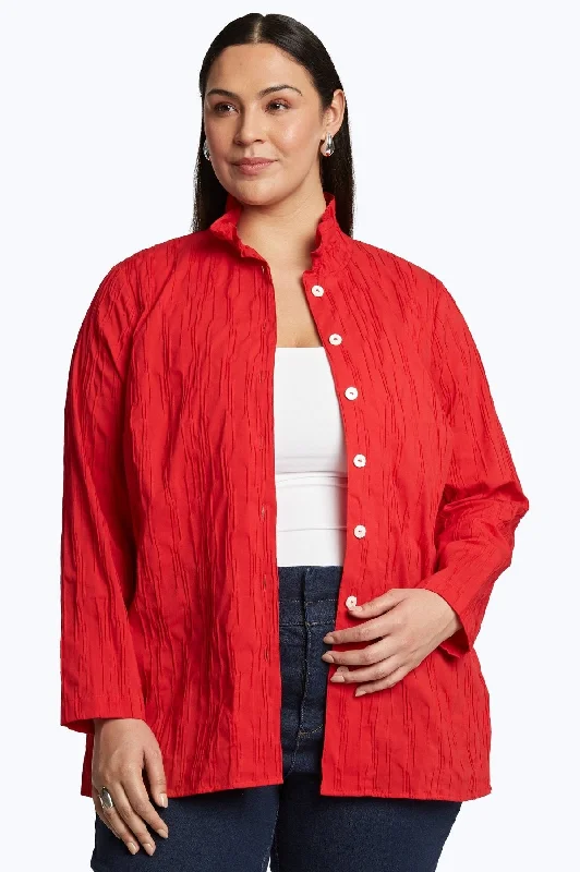 Carolina Plus Solid Crinkle Shirt Jacket A-Line Jacket Boat Neck Shawl Collar