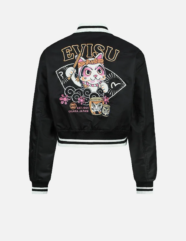 Fortune Cat Drumming Appliqué Souvenir Jacket Bomber Jacket Anorak Windbreaker