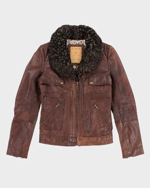 Guess Brown Leather Faux Fur Jacket - XS Elasticated Jacket Padded Jacket Insulated Jacket