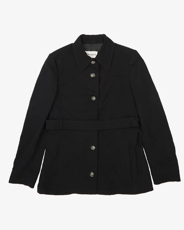 Iceberg Black Belted Jacket - S Notch Collar Peter Pan Collar Cowl Neck