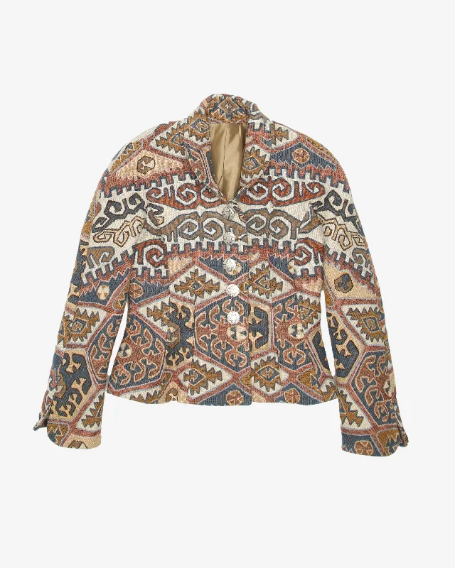 Navajo Inspired Patterned Cotton Fitted Jacket - XS / S One-Shoulder Jacket Off-the-Shoulder Jacket Asymmetrical Jacket