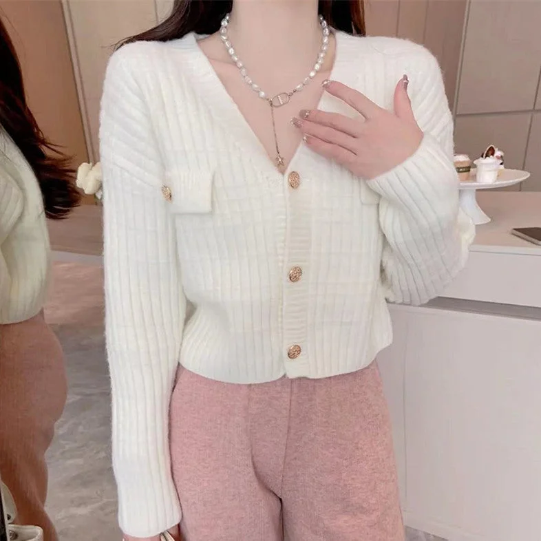 NiDELL Early Autumn . Gentle V-neck Knitted Jacket Sweater Women's Small Youthful Short Long Sleeve Cardigan Top Trendy One-Shoulder Jacket Off-the-Shoulder Jacket Asymmetrical Jacket