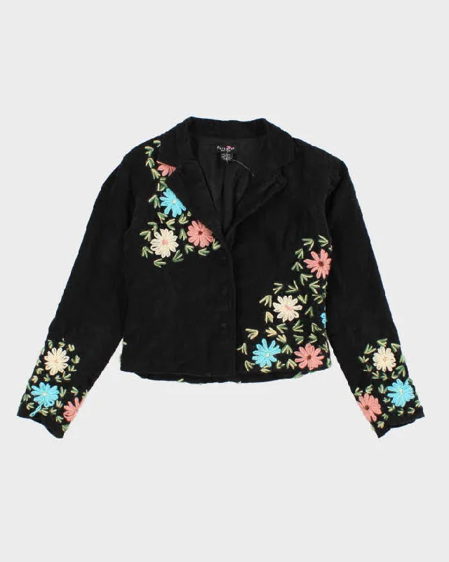 Vintage 90s/00s Micro-cord Embroidered Floral Cropped Jacket - S Cardigan Sweater Pullover